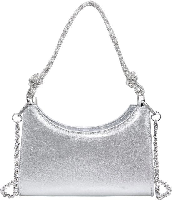 Borsa da sera elegante con glitter con cinturino in PU e cerniera in argento
