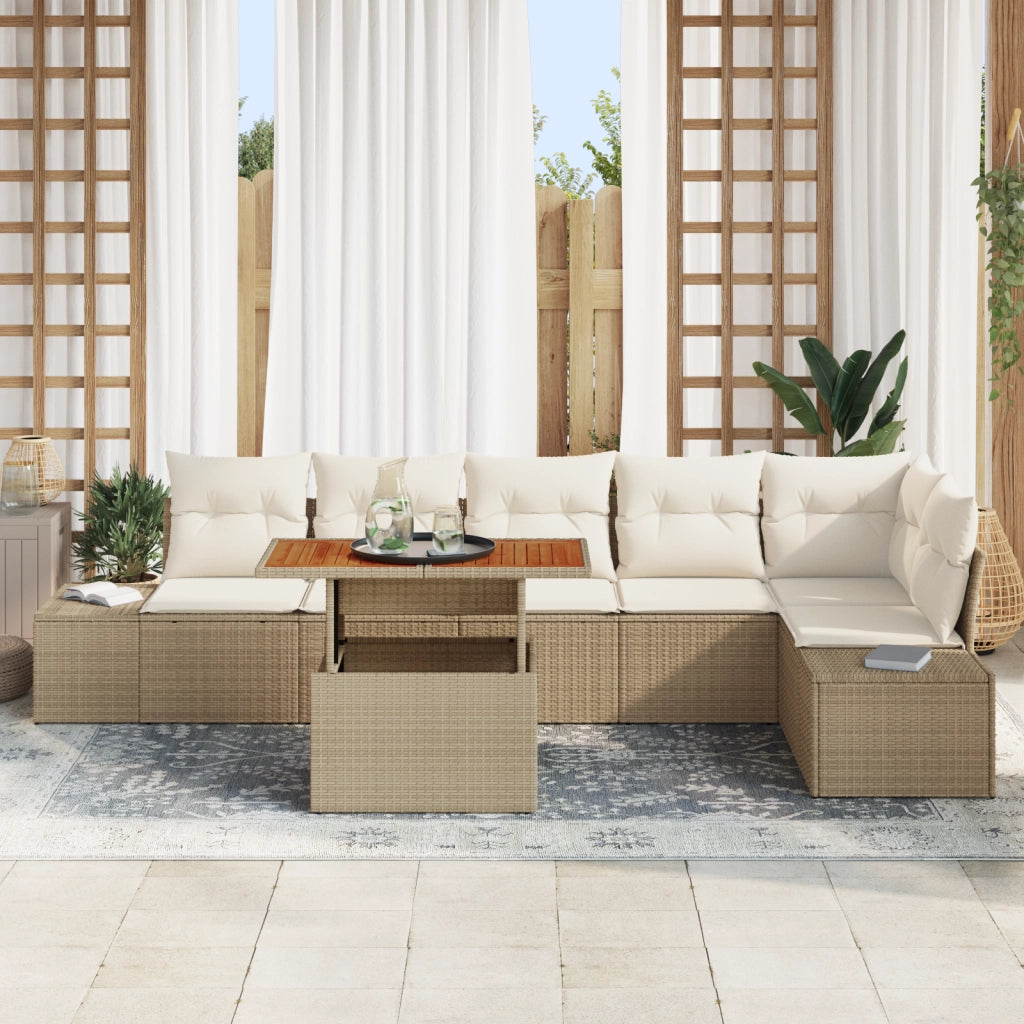 Set da Pranzo da Giardino in 7 Pezzi con Cuscini Beige in Polyrattan e Acacia