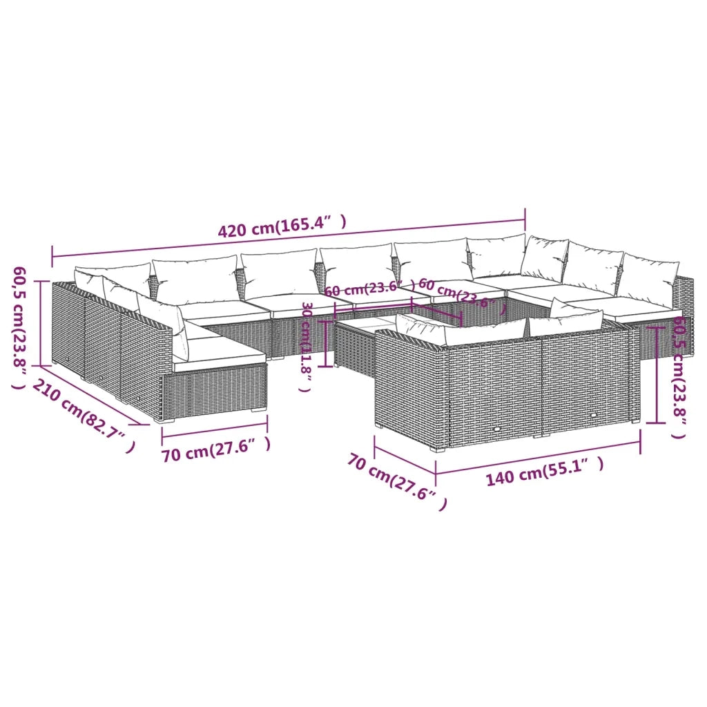 Set Divani da Giardino 13 pz con Cuscini in Polyrattan Grigio cod mxl 43751