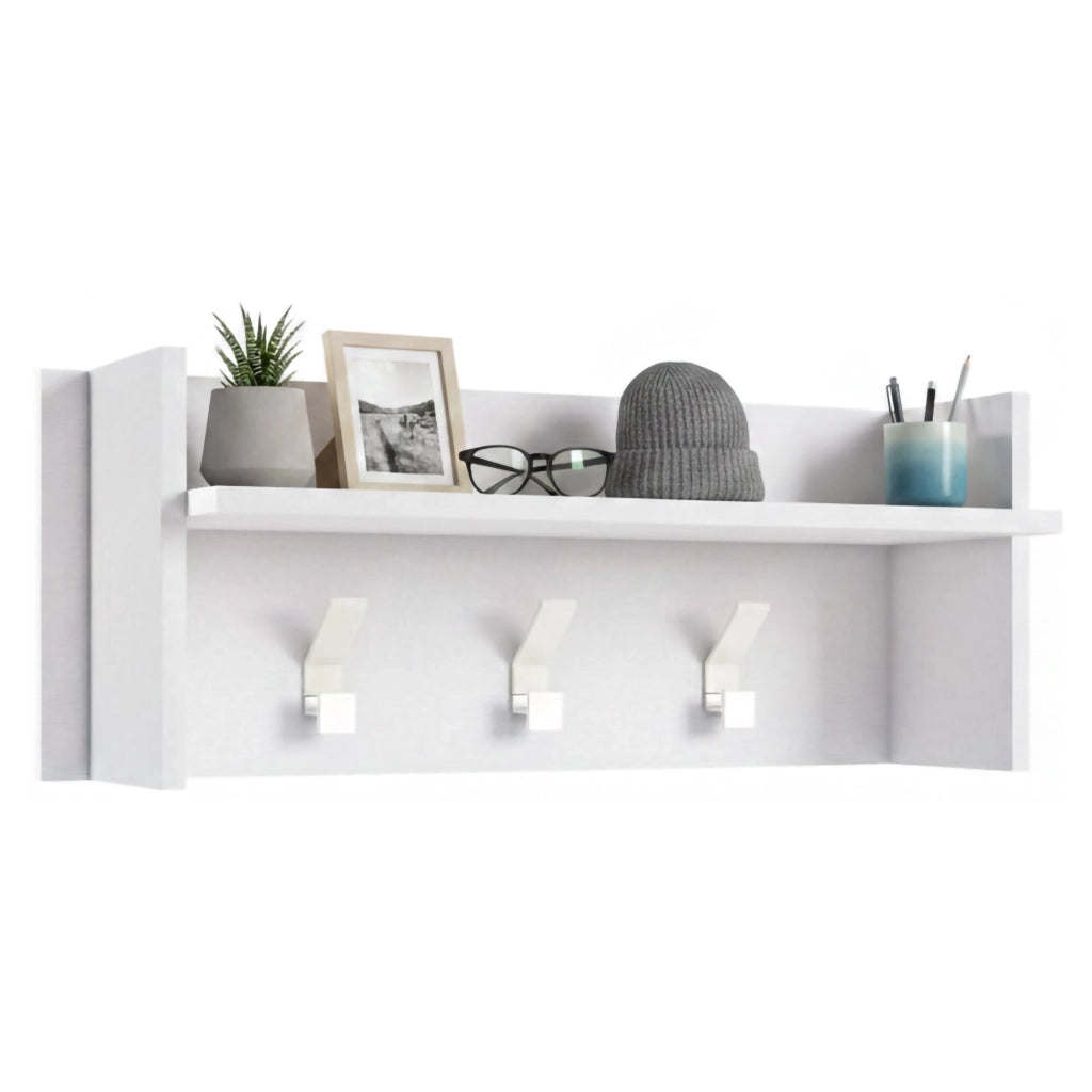 Mobile da ingresso Angry, Mobile appendiabiti con 3 ganci, Mensola portaoggetti da ingresso, Made in Italy, Cm 90x29h34, Bianco