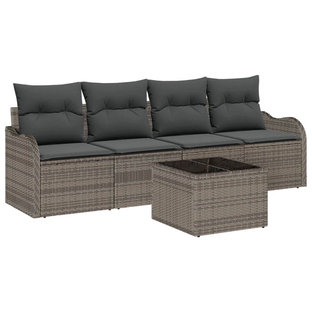 Set Divano da Giardino 5 Pezzi con Cuscini Grigio Polyrattan