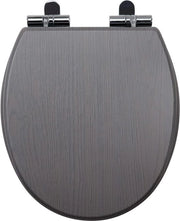 Brillio per wc in grigio, coperchio wc con meccanismo soft-close, coperchio wc robusto con nucleo in legno e gomito in ottone, brillio per wc in MDF, coperchio wc ovale