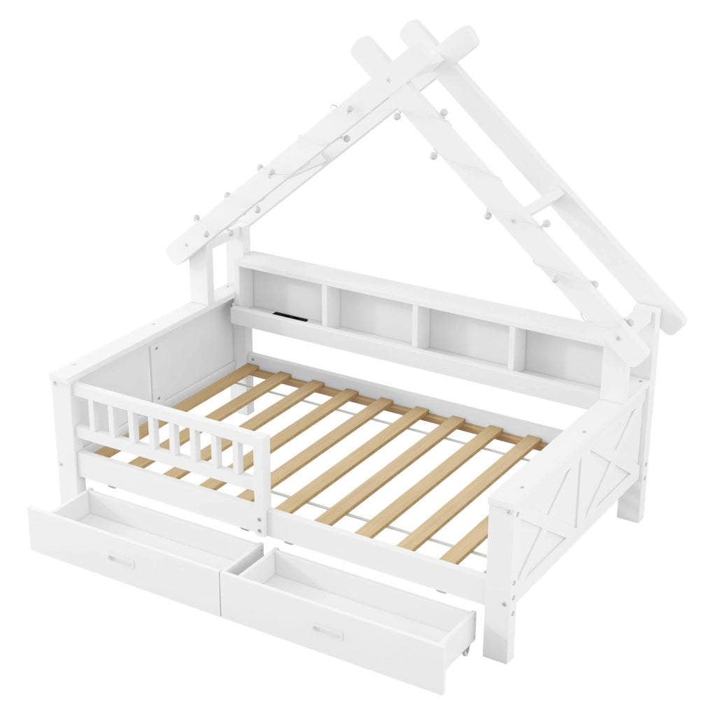 Letto a casetta per bambini 90x200 cm con LED; ripiani; 2 cassetti e sponde; bianco