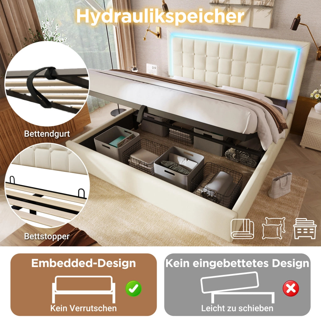 Letto matrimoniale in similpelle bianco 160x200 LED doghe vano senza materasso