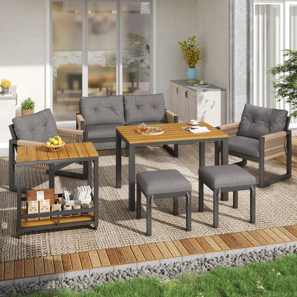 Set Divanooi esterni lounge: struttura ferro; braccioli intrecciati; cuscini seduta inclusi + tavolo
