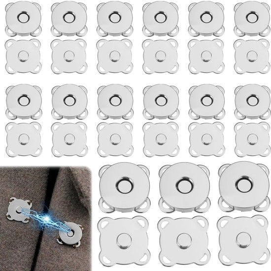 Chiusure magnetiche 20 mm - 15 set - Punti di cucito - Punti magnetici argentati - Lega Catalpa - Ideali per borse - Chiusure forti - Punti di pressione