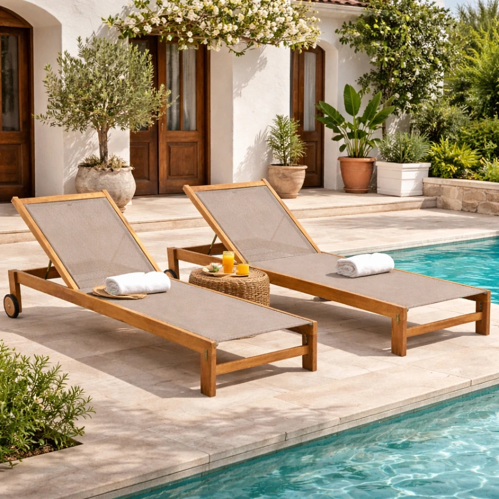Set 2 Lettini Prendisole in Legno Teak con Ruote - JavaCol. Grey