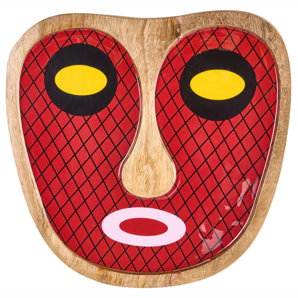 Decorazione da parete in legno di mango rosso decorativa da appendere con motivo astratto a forma di volto, realizzata a mano in stile boho