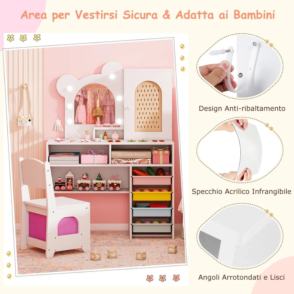 Toeletta per Bambine 3+ Anni, Set Tavolo e Sedia con Luci da Principessa con 5 Cassetti e 2 Scomparti, Armadietto con Porta e Scaffale Aperto, Ideale per Cameretta Bambina (Bianco)