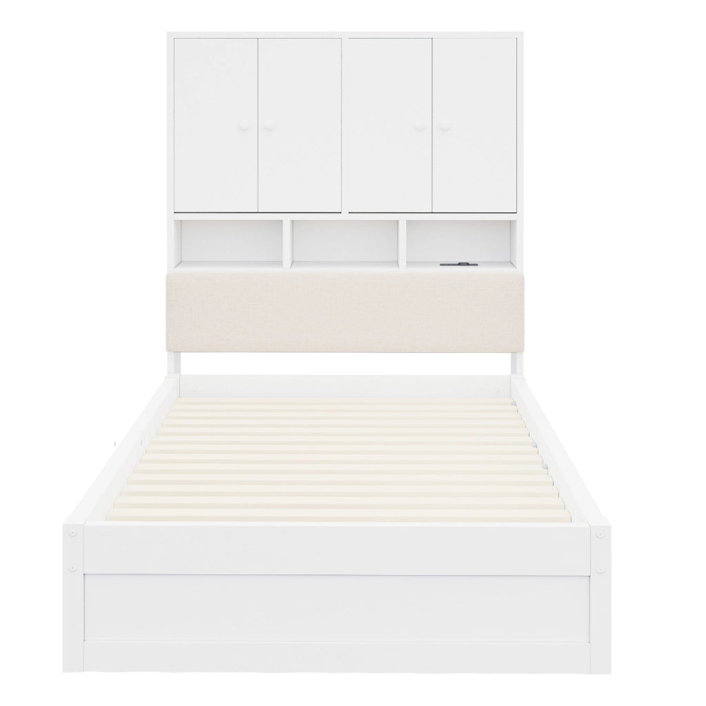 Letto singolo per bambini 90x200 cm con testiera imbottita; vani; LED; presa elettrica; cassetto e rete; legno bianco