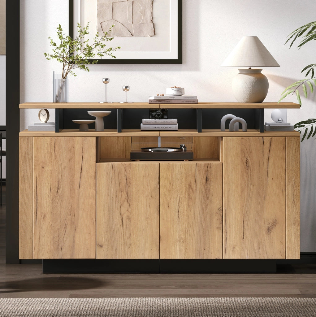 Sideboard con 4 ante e 3 vani aperti, 140x40x85 cm, Natural