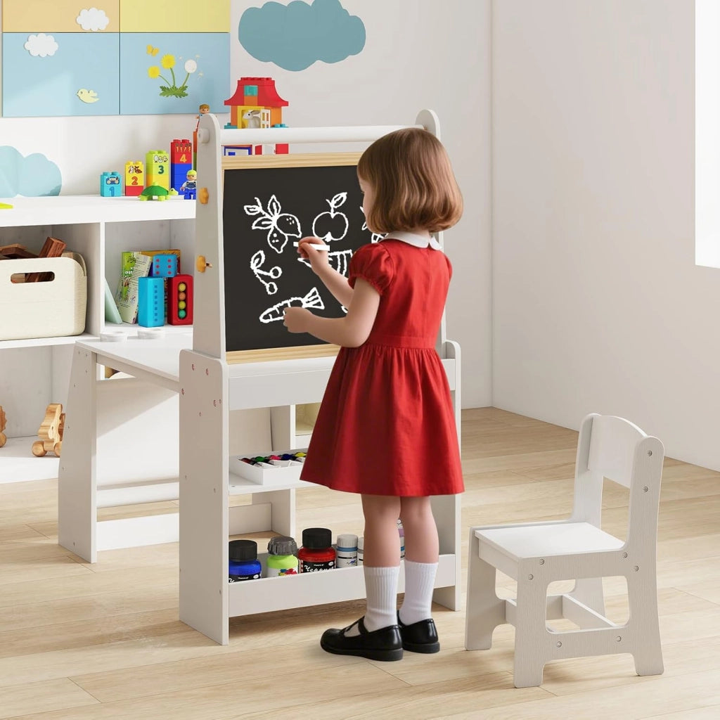 Set 3 in 1 Tavolo e Sedia per Bambini 3+ Anni, Tavolo in Legno Sicuro con Lavagna, Sedia, Lavagna Bianca, Rotolo di Carta, 2 Ripiani Aperti e Libreria a 2 Ripiani, Ideale per Disegno (Grigio)