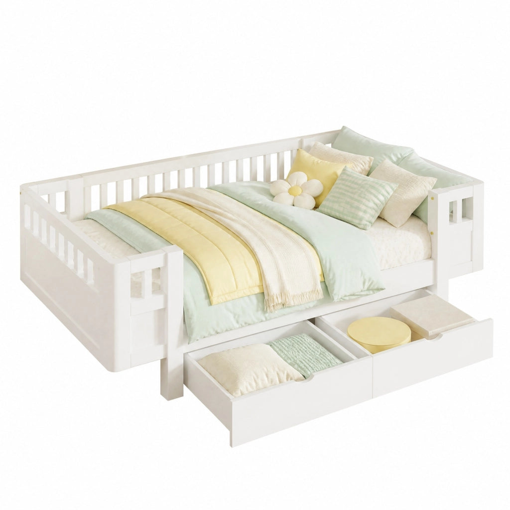 Letto con Cassetti 90x200 cm; Letto Singolo - Sponda; 2 Cassetti - in Legno - Bianco