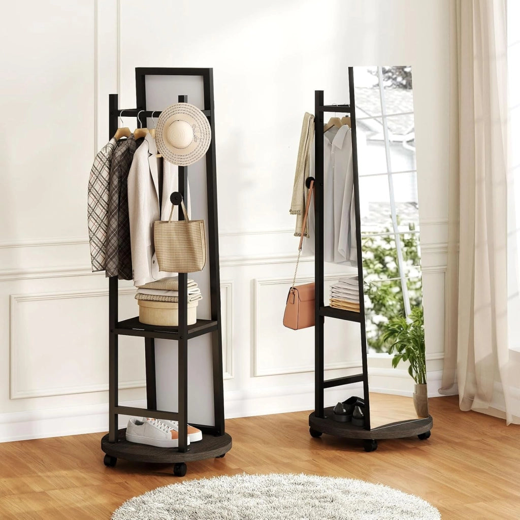 Specchio a figura intera, specchio da terra con appendiabiti, 45 x 135 cm, grande specchio con vetro infrangibile, ganci, ripiani, ruote, per ingresso, soggiorno, camera da letto (nero+noce)
