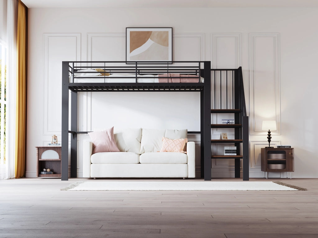 Letto a soppalco 90 x 200 cm in metallo con scala integrata e spazio contenitore sotto il letto, colore nero