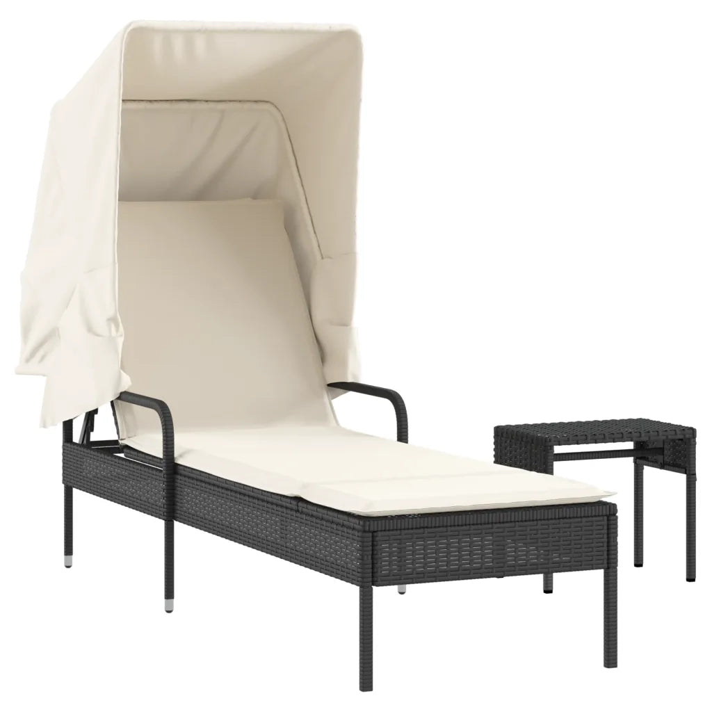 Lettino Prendisole | Sdraio da giardino | Lettino da sole con Baldacchino e Tavolino Nero Polyrattan