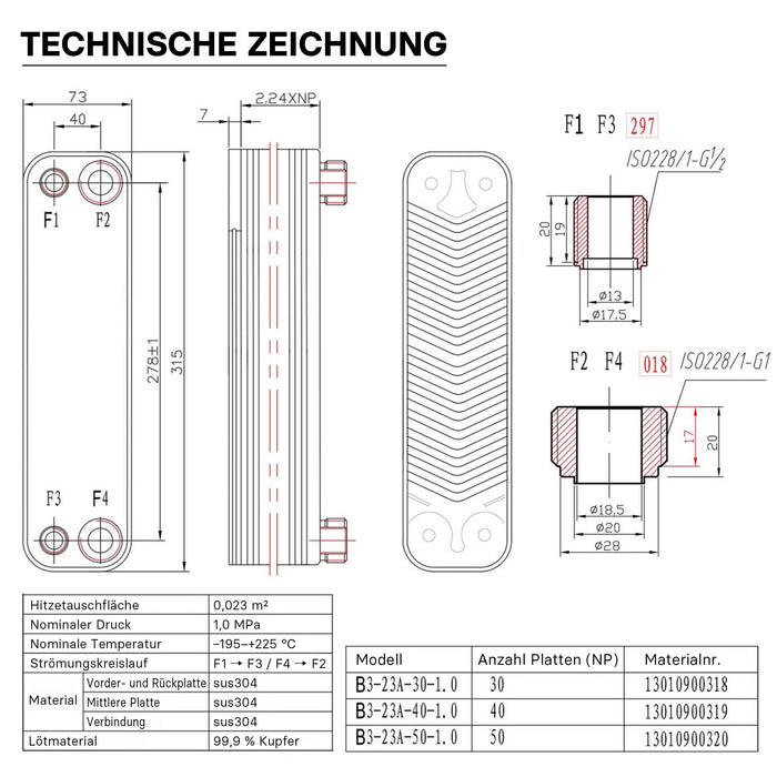 Scambiatore a piastre saldobrasate in acciaio inox, 30 piastre, max 125 kW