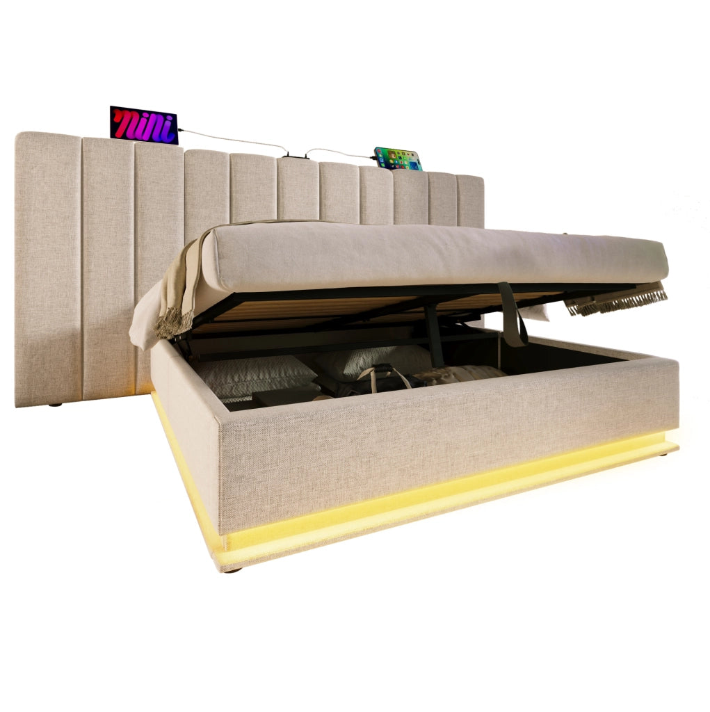 Letto matrimoniale imbottito 160x200 cm con contenitore; LED 360°; porte USB e Type-C; beige