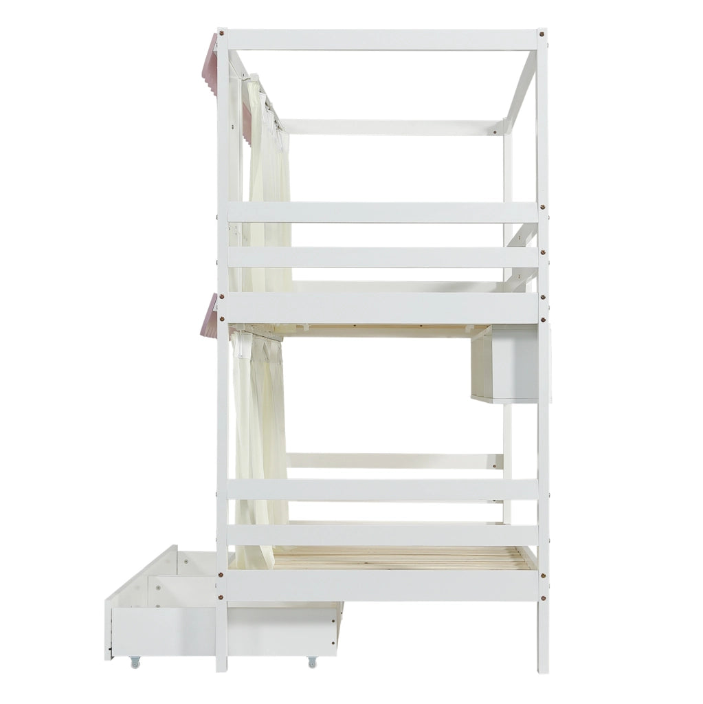 Letto a castello 90x200 cm con cassetti e ripiani in pino e MDF bianco e rosa