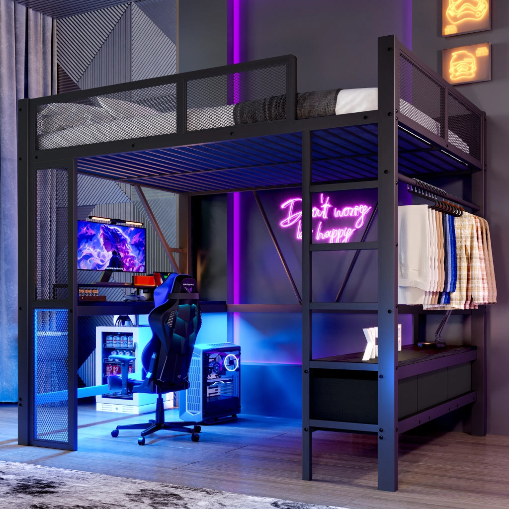 Letto a castello in metallo e MDF nero con scrivania LED USB e cassetti 140x200 cm