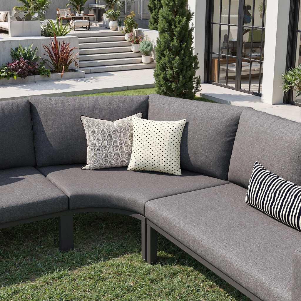 Set da giardino a mezzaluna per 8 persone - Zephmum - Struttura in ferro robusta, cuscini grigi, tavolo in vetro, 1 poltrona e 2 sgabelli