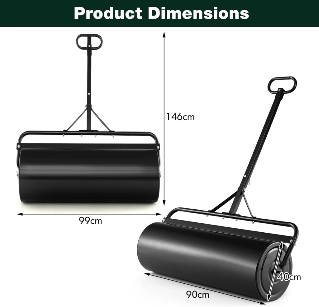 Rullo da Giardino Ø40 cm e 90 di Larghezza, Rullo da Prato in Metallo Manuale e per Trattorino, Rullo con Raschiatore Antisporco e Riempibile con Acqua/Sabbia (Nero, 113L)
