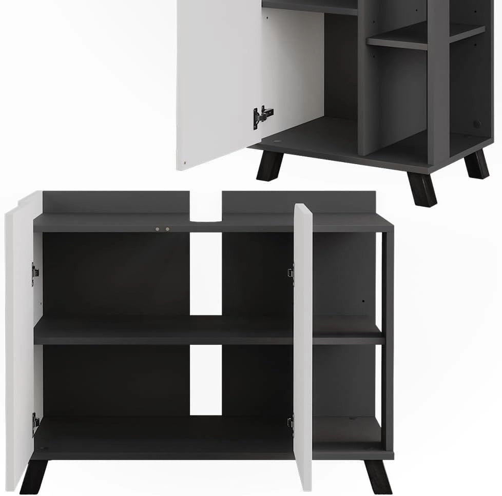 Set di mobili da bagno Karen, Antracite/bianco, 80 cm, composto da mobile sottolavabo, specchiera e colonna alta