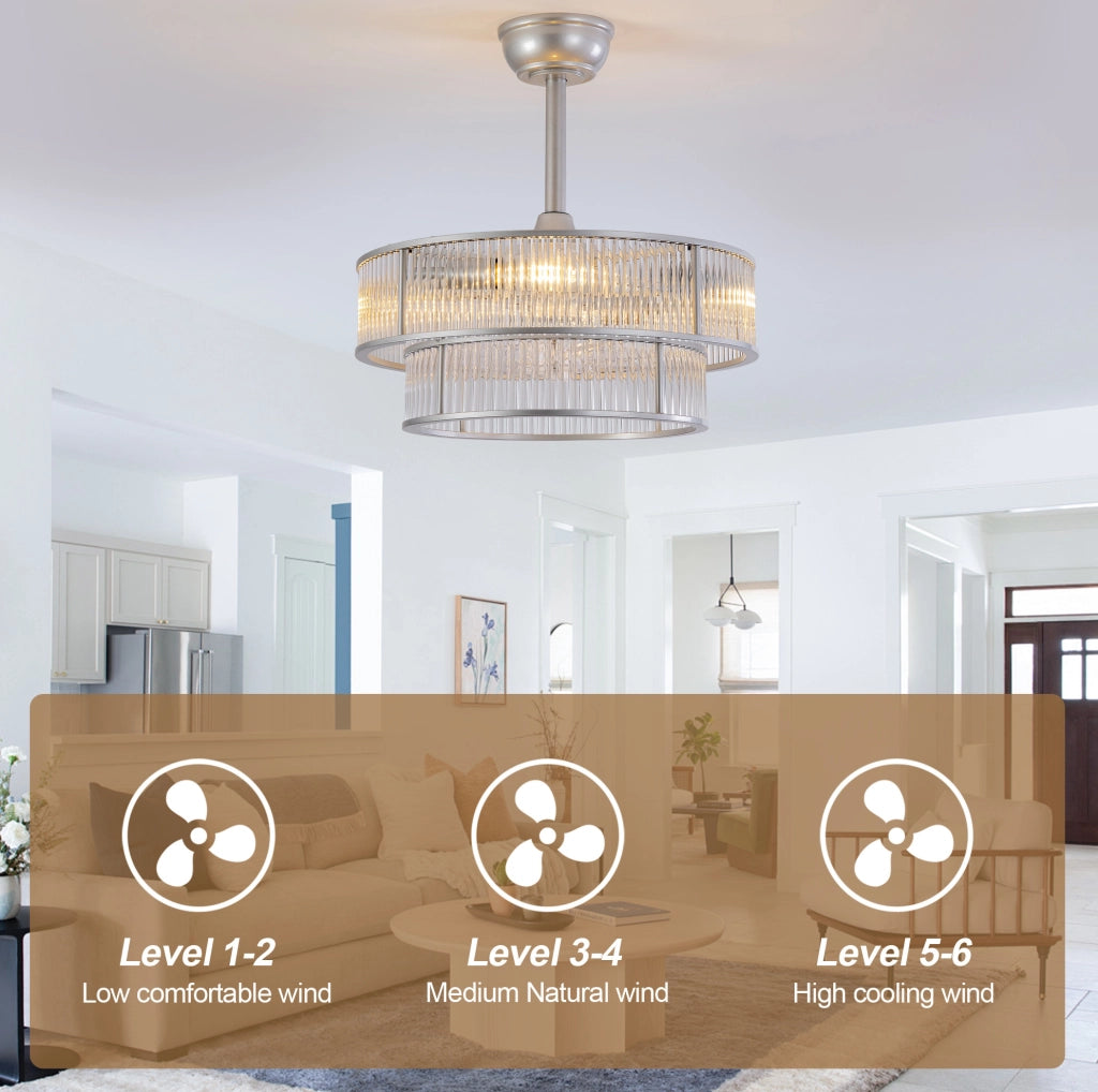 Ventilatore da soffitto ULEVR con cristalli, 6 velocit¨¤, controllo App e telecomando, 4 attacchi E26, argento