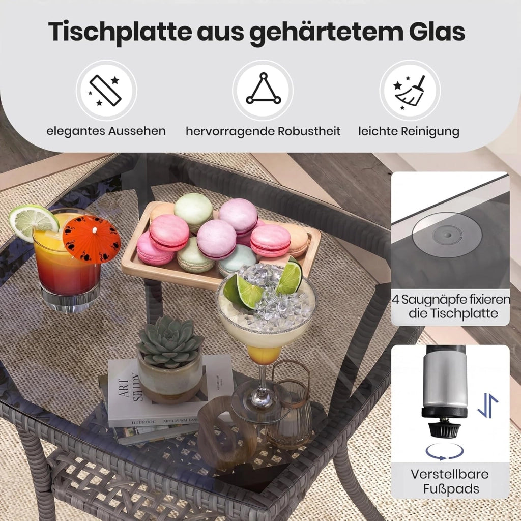 Set Mobili da Balcone 3 Pezzi, Set da Bistrot con Tavolo e 2 Sedie in Rattan con Cuscini, Mobili da Giardino per Balcone e Esterno