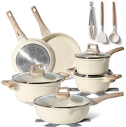 Set di pentole in vetro con copertura in vetro, completo, adatto a tutti i tipi di fuoco, senza PFAS e PFOA, beige.