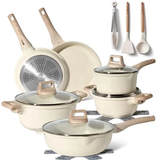 Set di pentole in vetro con copertura in vetro, completo, adatto a tutti i tipi di fuoco, senza PFAS e PFOA, beige.