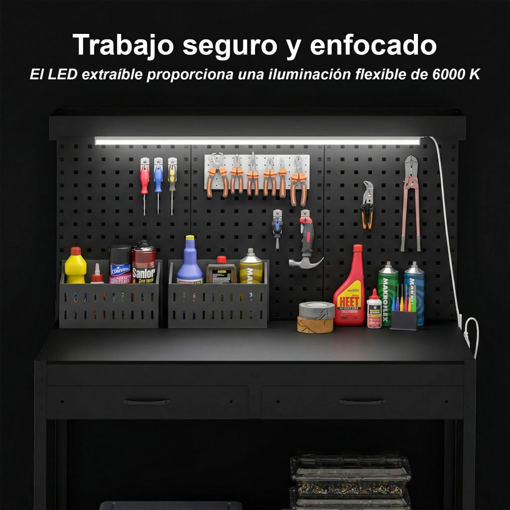 Banco da Lavoro con Cassetti, Luce LED e Presa Elettrica ¨C Zephmum ¨C Nero 110x60x150 cm