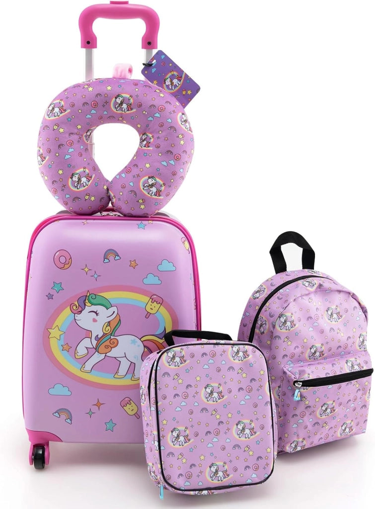 5 Pezzi Valigia per Bambini, Valigia con ManicoTelescopico da 16" con 13" Zainetto, Cuscino per Il Collo, Etichetta per Bagaglio, Borsa per Il Pranzo, con Ruote Girevoli a 360 ° (Modello 3)