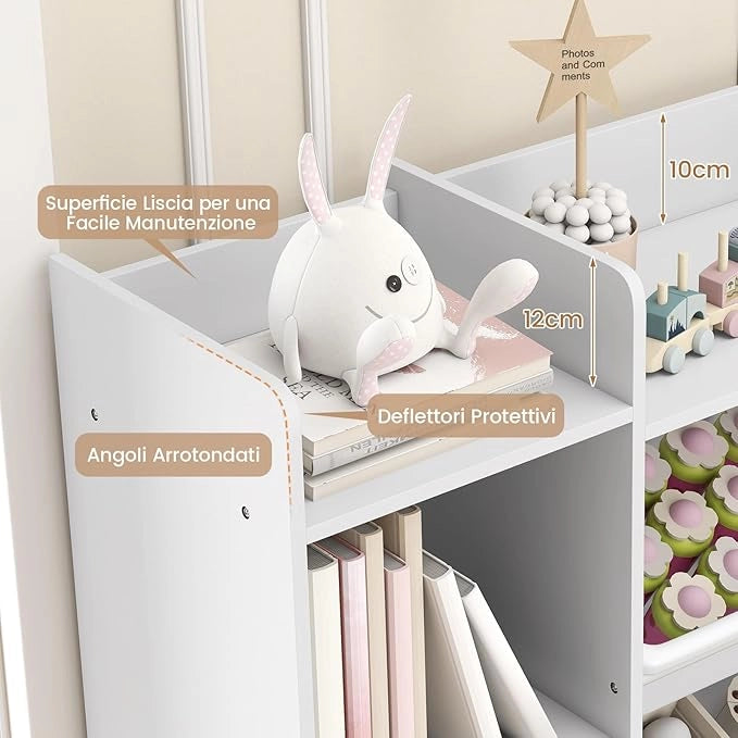 Organizer Giocattoli per Bambini, Scaffale di Legno a 4 Livelli con 8 Cestini Removibili, Armadio di Stoccaggio, per Camera dei Bambini Asilo, 142x30x100 cm