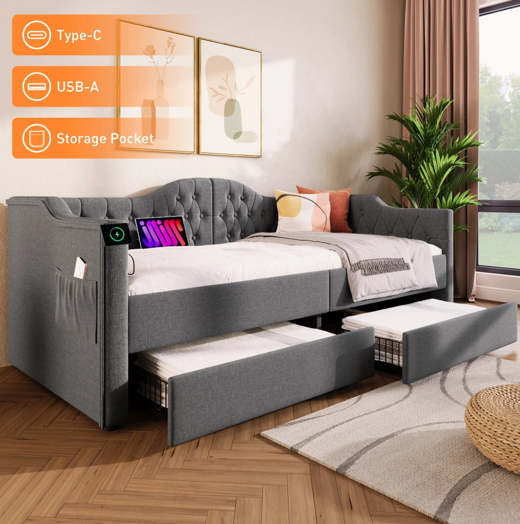 Letto singolo a daybed 90x200 cm in tessuto lino grigio con USB Type C e 2 cassetti
