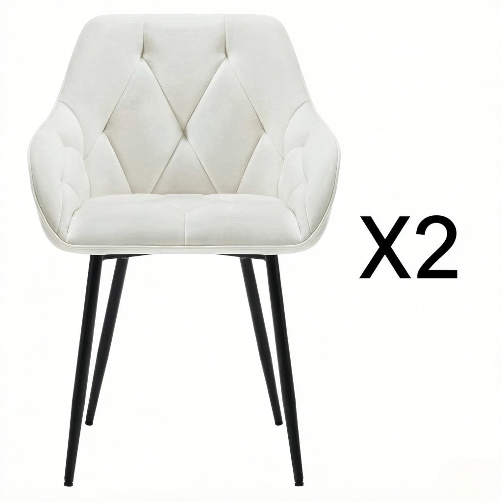 Set di 2 sedie da pranzo in velluto color crema, ergonomiche con gambe in metallo
