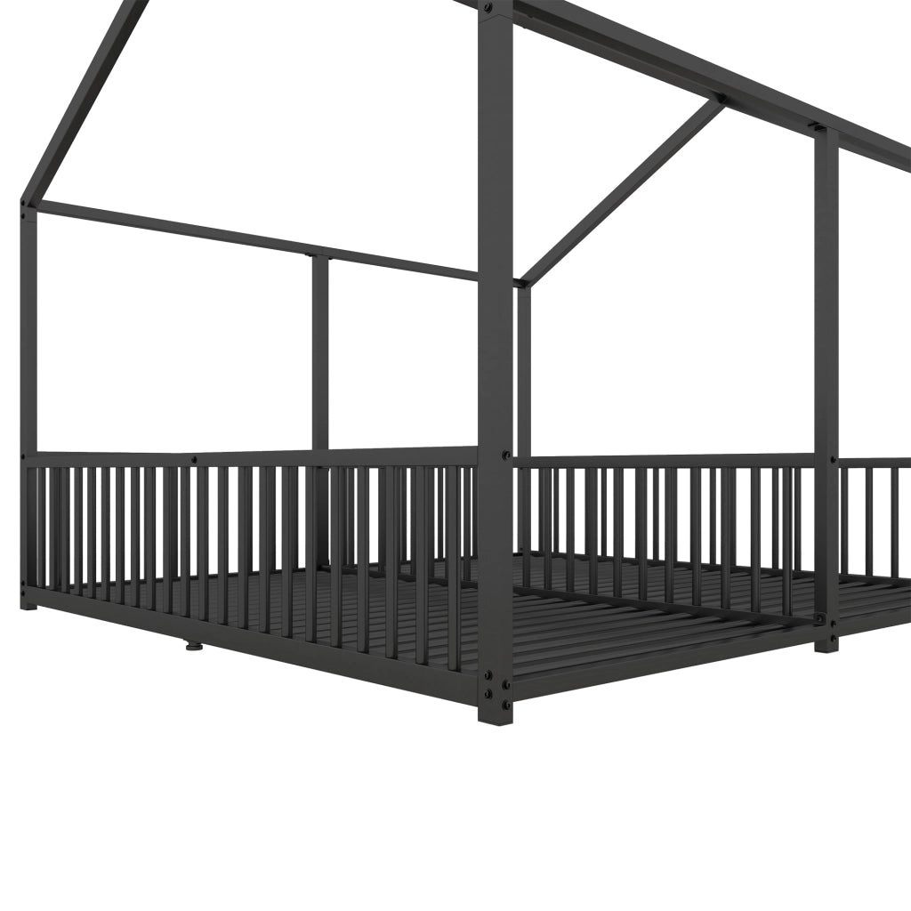Letto per bambini 90×200 cm con scala e barriera; senza materasso; metallo; nero; struttura a casetta