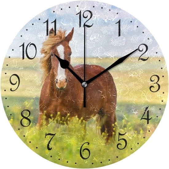 Orologio da Parete Campo da Cavallo e Fiori, Silenzioso, Non Tocca, Orologi da Parete Decorativi, Batteria, 25 x 25 cm, per Casa, Salotto, Cucina, Bagno, Camera da Letto