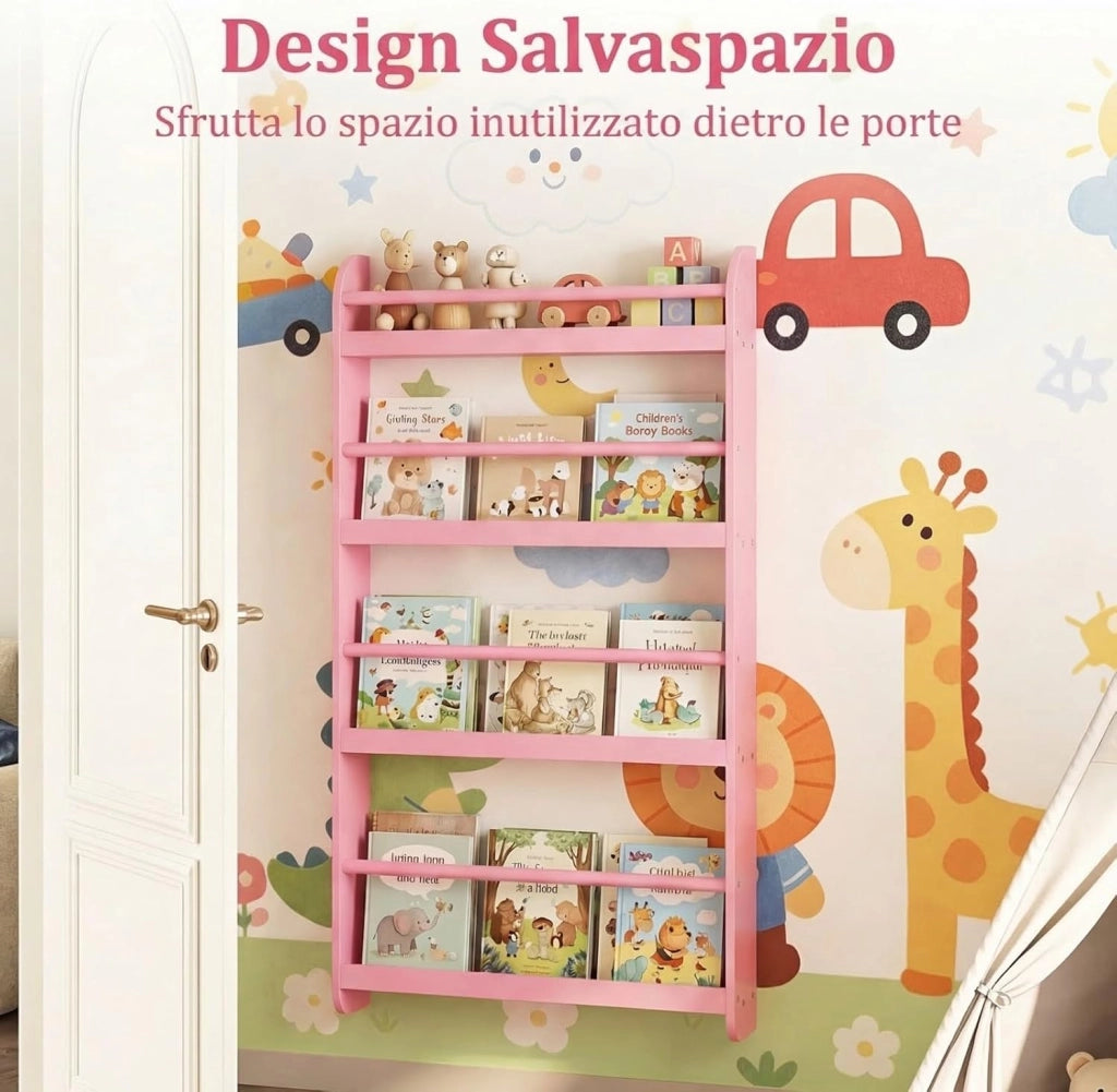 Libreria da Parete per Bambini, Scaffale Portaoggetti a 4 Livelli con Barre di Protezione e Bordi Rialzati, Libreria Salvaspazio per Cameretta per Bambini 3+ Anni, 56 x 12 x 107 cm (Rosa)