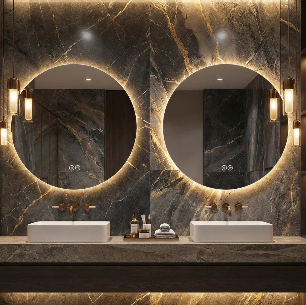 Specchio LED rotondo da bagno 80 cm in vetro e metallo argentato, antiappannamento –