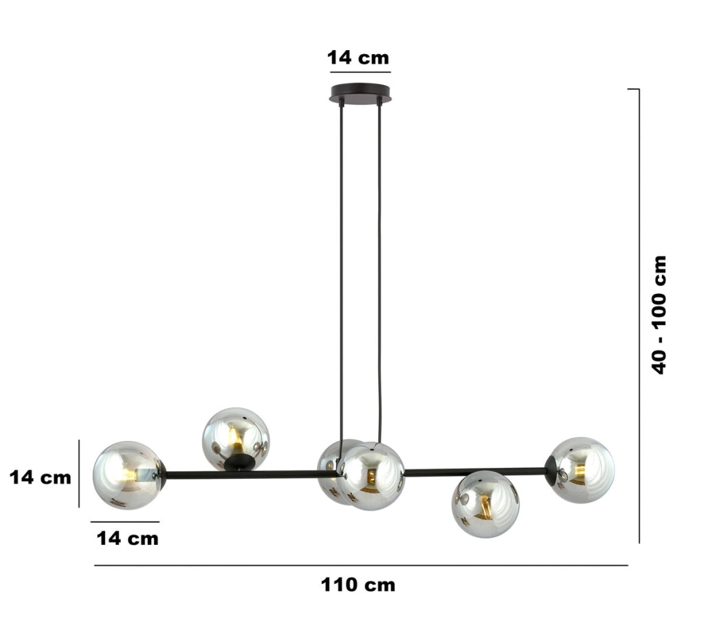 Lampadario Emibig Rossi 6 luci E14 nero vetro 110cm