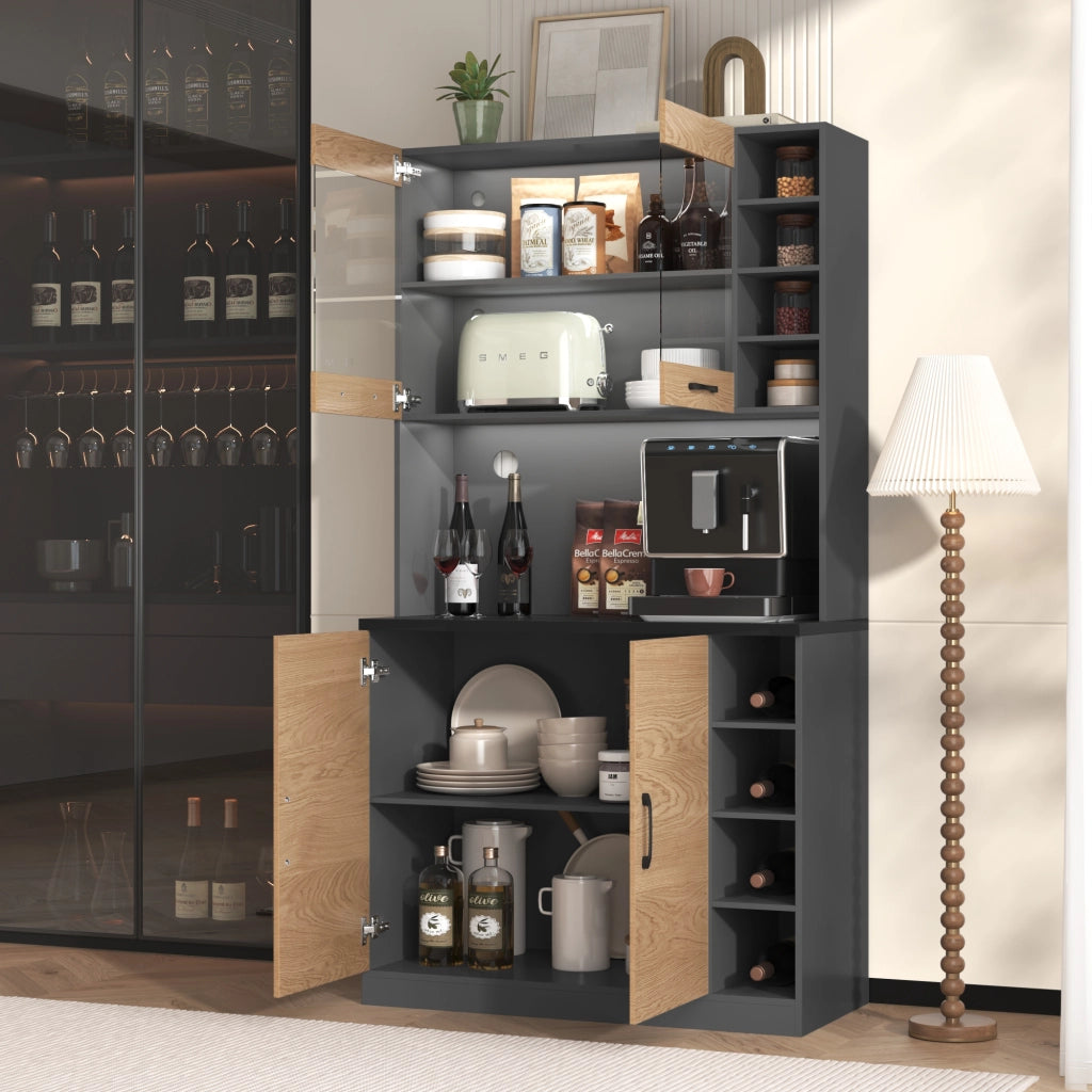 Credenza alta da cucina con LED, ripiani regolabili e vetro, per cucina e soggiorno, grigio naturale, 100 × 47 × 187 cm