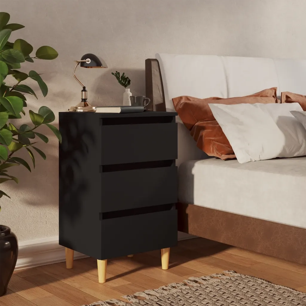 Comodini con Gambe in Legno Massello 2pz Neri 40x35x69 cm 805890