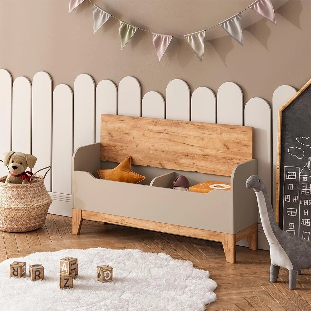 Cassapanca per giocattoli Malia, Cashmere/Artigianale, 107.2 x 50 cm con sedile, con spazio contenitivo e combinabile con altri mobili Malia