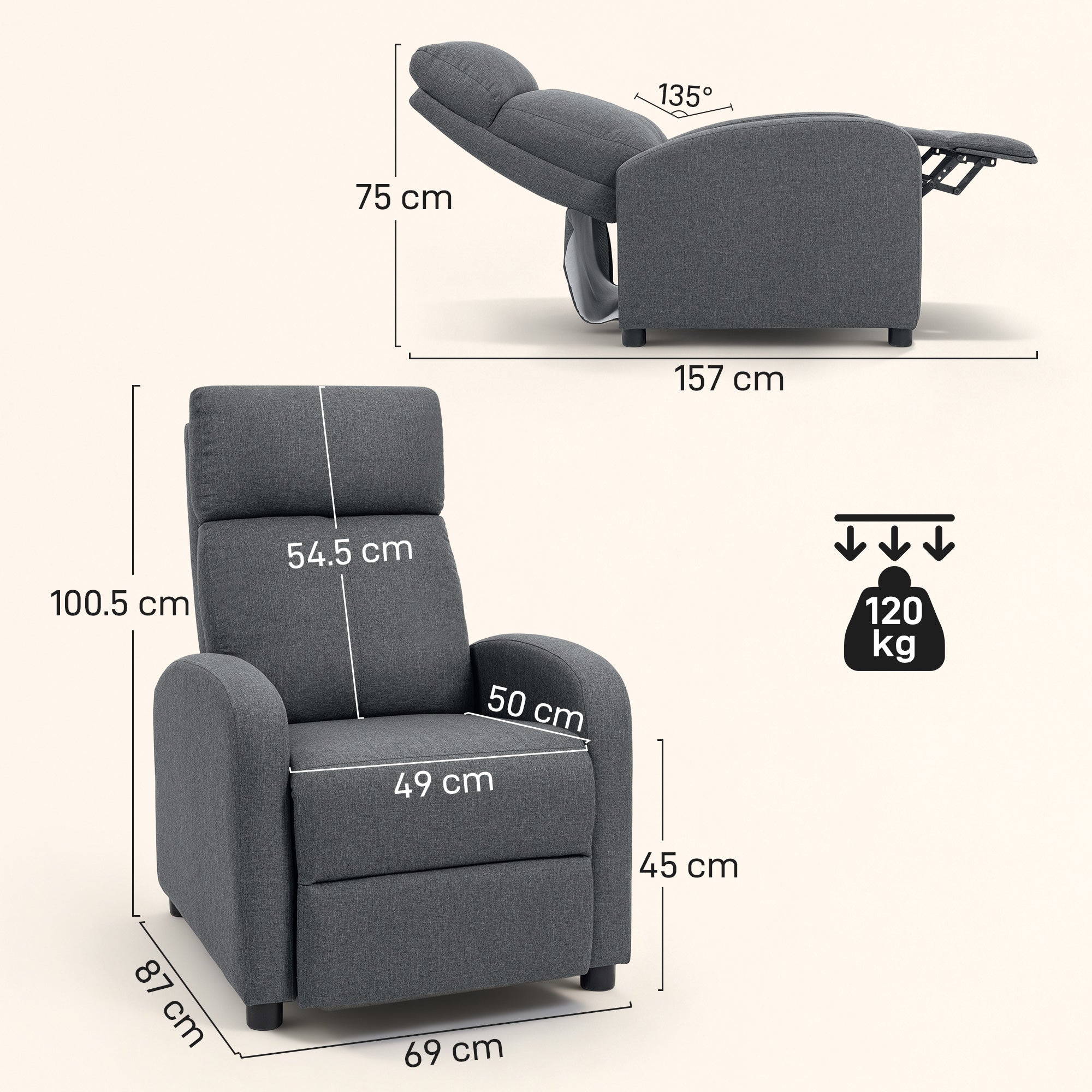 Poltrona Relax Imbottita 69x87x100,5 cm Reclinabile a 135° con Poggiapiedi in Tessuto Grigio