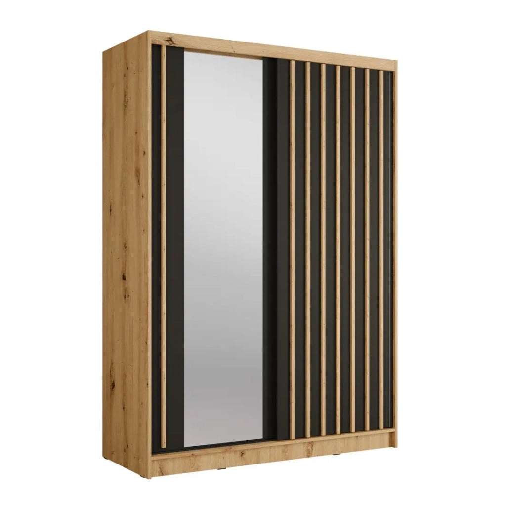 Armadio KAZU a 2 porte scorrevoli con specchio in rovere e grigio grafite 155 cm