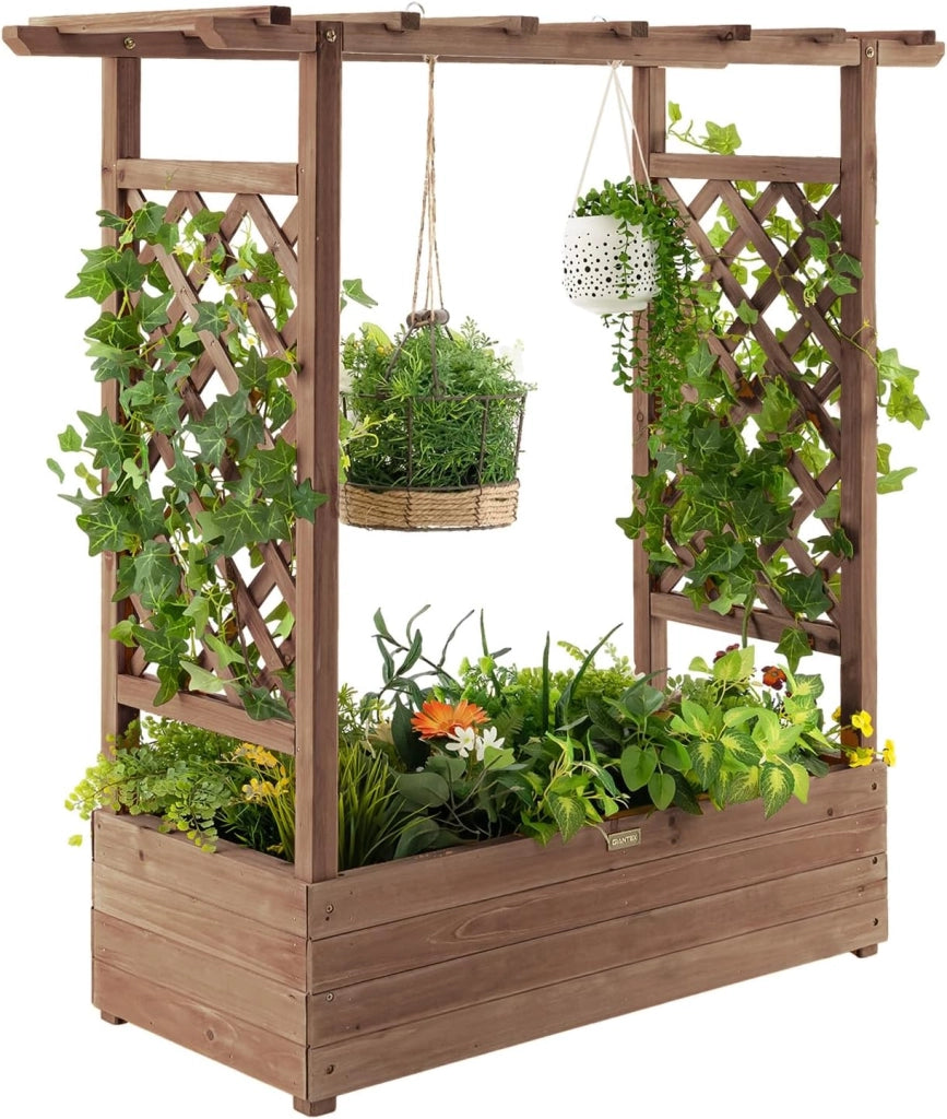 Fioriera da Esterno con Grigliato, Letto Rialzato da Esterno per Piante Rampicanti con Traliccio e Fori di Drenaggio, Aiuola Elevata da Giadino e Cortile, 100 x 44 x 113,5 cm (Marrone)