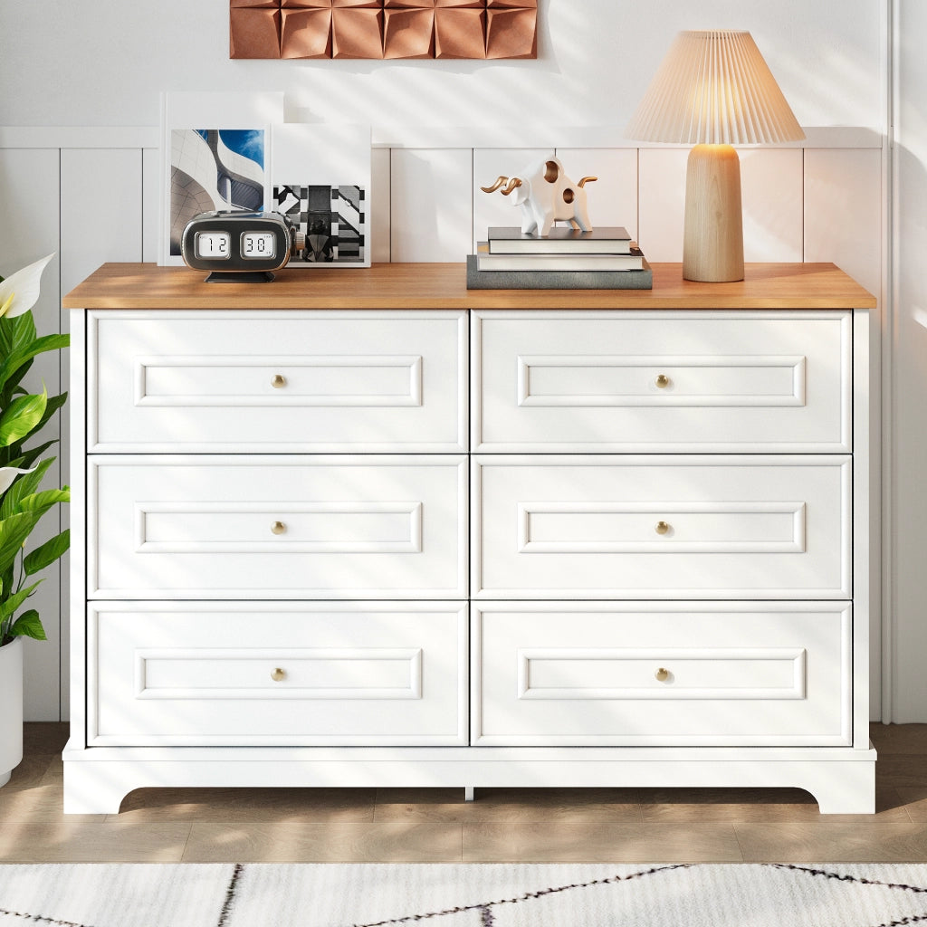 Credenza con 6 Cassetti; Motivo Fienile e Maniglie Dorate; Stile Country; in MDF; 120??40??76 cm; Bianco