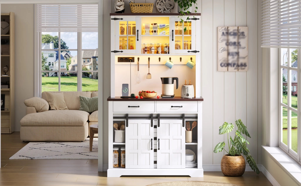 Credenza da cucina multifunzione 108x40x180 cm, piano di lavoro, LED RGB, prese integrate, 6 cassetti e ripiani regolabili, bianca