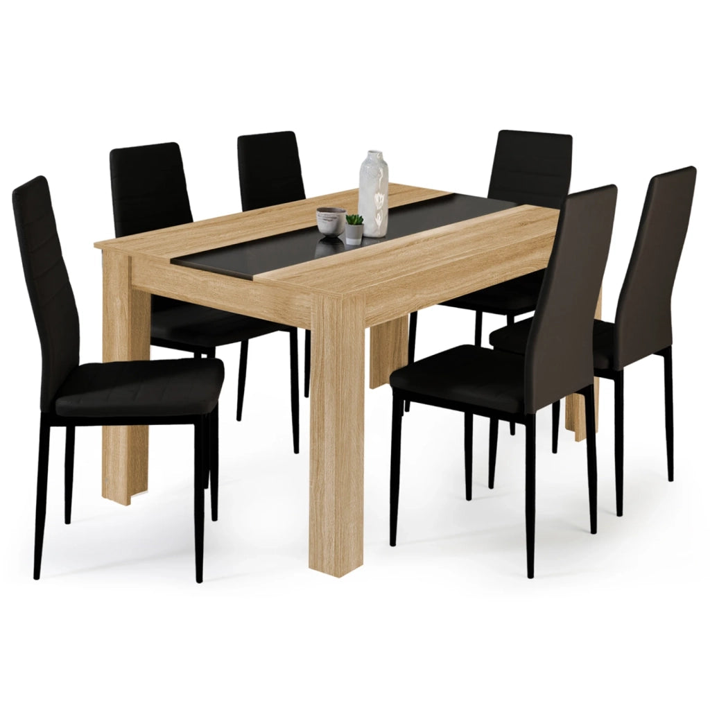 IDMarket - Tavolo da pranzo GEORGIA 140 cm in finto faggio e nero e set di 6 sedie ROMANE nere